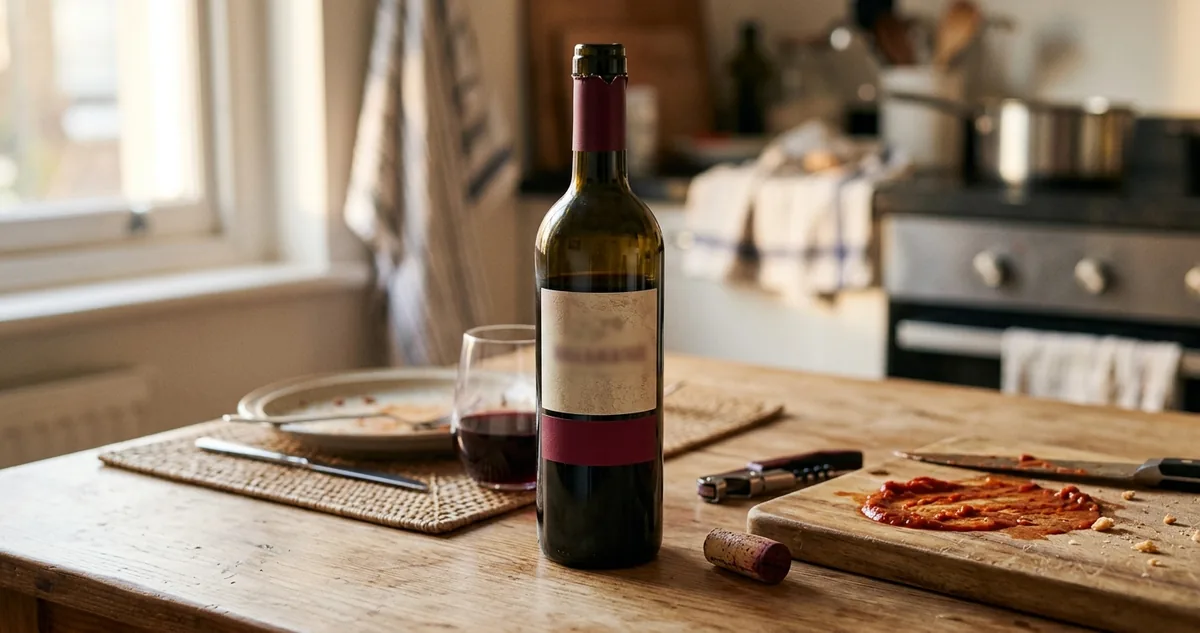 O prato de macarrão à bolonhesa ao lado da taça de Nero d'Avola.