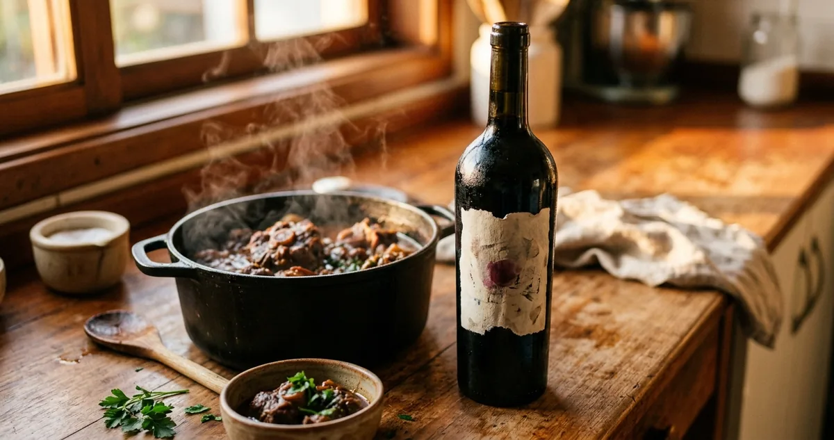 A rabada na panela de ferro ao lado da taça de Côtes du Rhône.