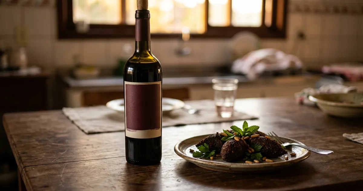 A bandeja de quibe assado riscada em losangos ao lado da taça de Pinotage.
