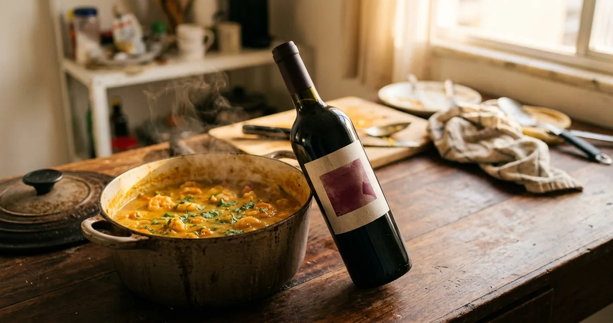 A panela de bobó de camarão ao lado da taça de Viognier.