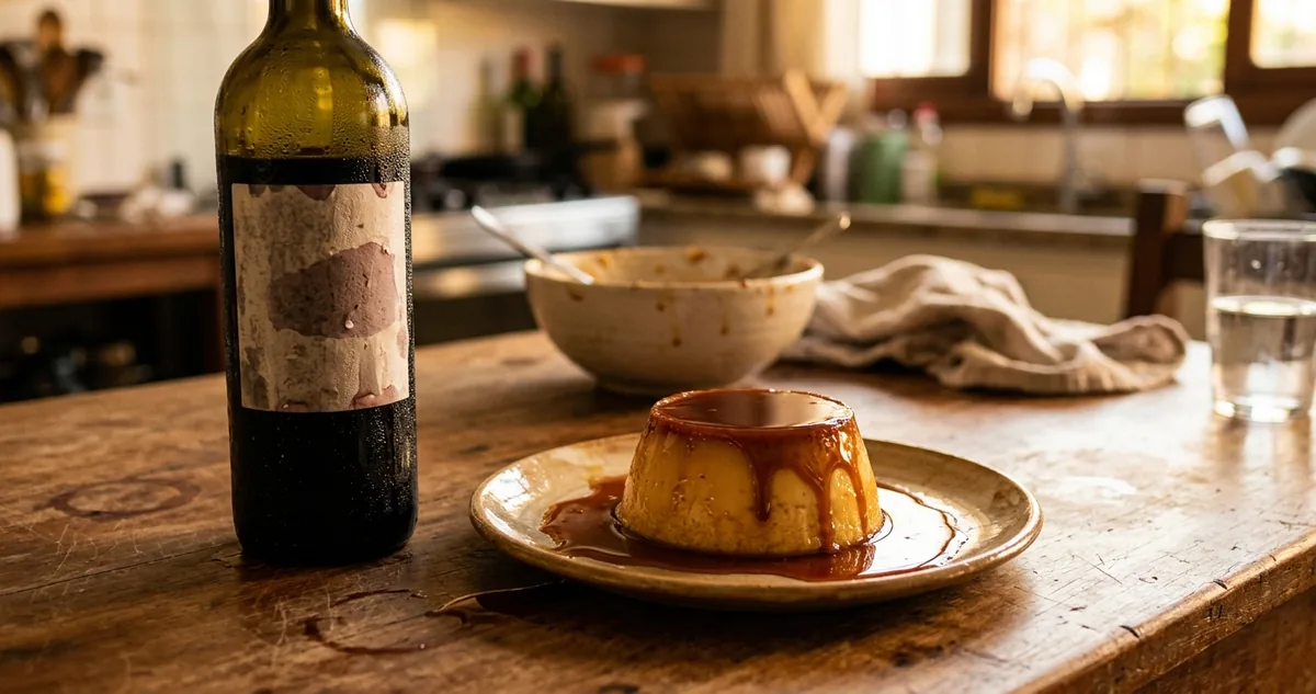 O pudim de leite ao lado da taça de Tokaji Aszú.