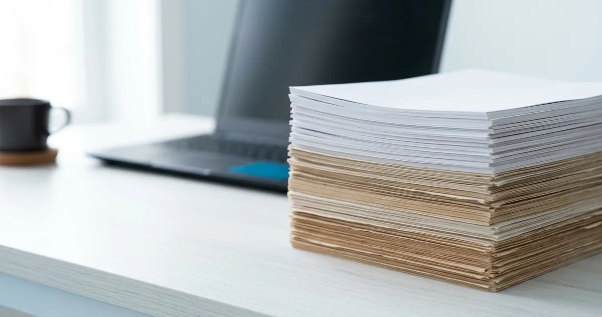 Mesa de trabalho clara vista de cima com doze fichas de papel branco numeradas espalhadas fora de ordem sobre a madeira, três delas puxadas para a beirada superior e alinhadas em coluna, um marcador azul destampado ao lado, uma caneca de café pela metade com a bebida fria e sem vapor, régua metálica encostada na borda da mesa, luz de manhã entrando pela esquerda, sem nenhuma pessoa por perto
