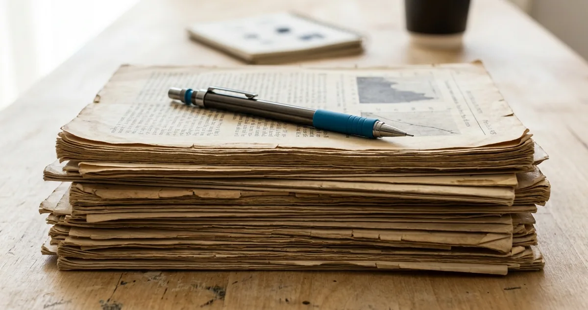 Caderno aberto sobre uma mesa clara com cinco caixinhas de marcar desenhadas à caneta, um lápis apoiado na lombada e uma xícara de café ao fundo, luz fria de manhã, sem pessoas