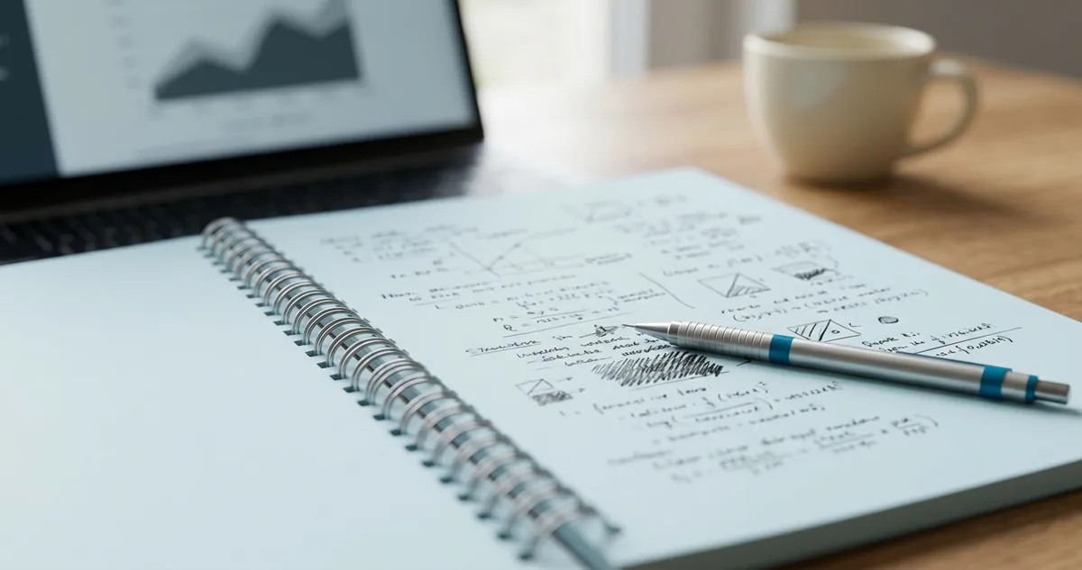 Notebook numa mesa escura mostrando uma página de confirmação com um botão azul em destaque, um celular com notificação de pagamento aprovado e uma caneca de café, luz de fim de tarde, sem pessoas