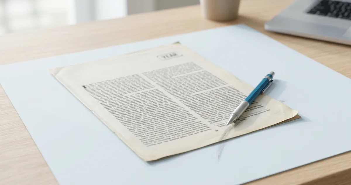 Folha impressa recém-saída de uma impressora numa mesa escura, com gráfico e tabela desfocados, um notebook aberto na caixa de entrada e uma xícara de café