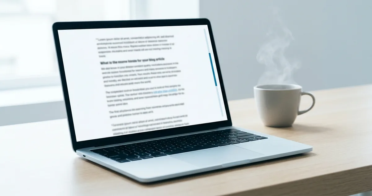 Mão sobre o trackpad de um notebook aberto numa mesa clara, com um post longo desfocado na tela e uma xícara de café
