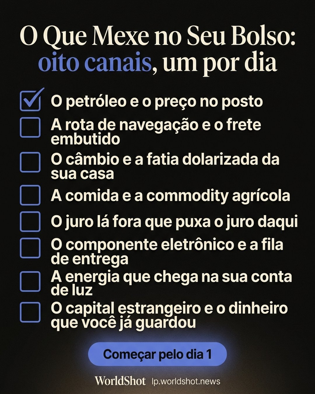 O Que Mexe no Seu Bolso: oito canais, um por dia: O petróleo e o preço no posto, A rota de navegação e o frete embutido, O câmbio e a fatia dolarizada da sua casa, A comida e a commodity agrícola, O juro lá fora que puxa o juro daqui, O componente eletrônico e a fila de entrega, A energia que chega na sua conta de luz, O capital estrangeiro e o dinheiro que você já guardou. Começar pelo dia 1.