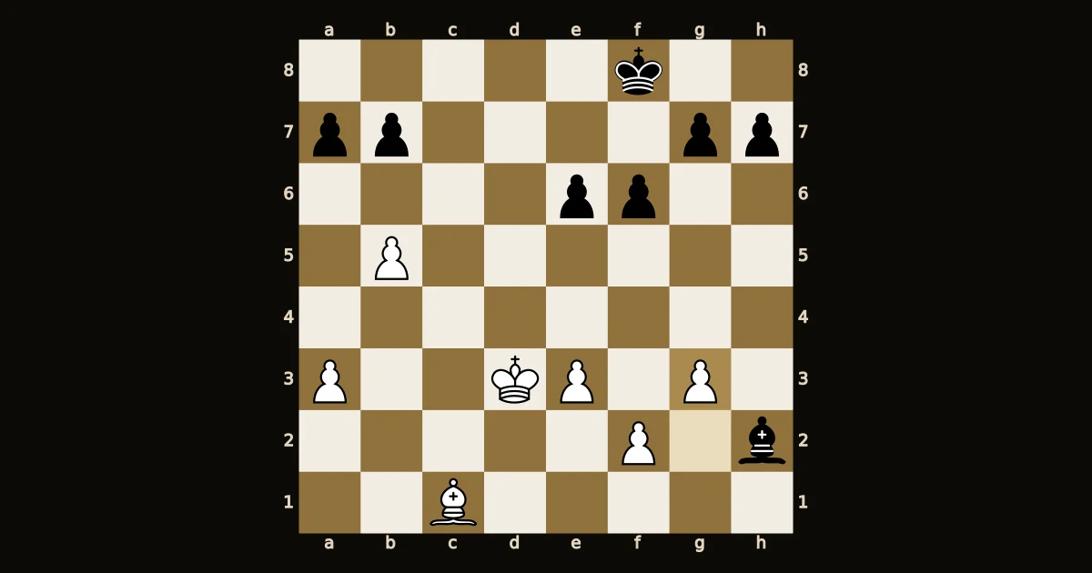 Posição após 30.g3: o bispo preto em h2 sem casa de volta, com o peão branco de g3 fechando a diagonal.