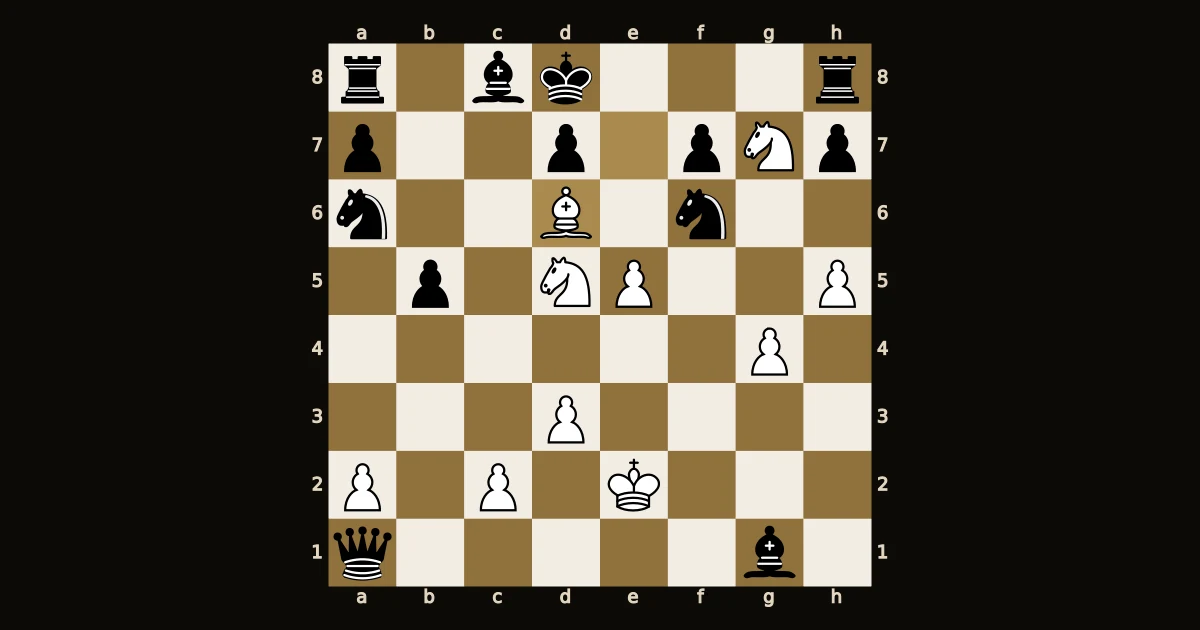Posição antes de 23.Be7#: o bispo branco em d6 diante do rei preto em d8, com as duas torres pretas em a8 e h8.