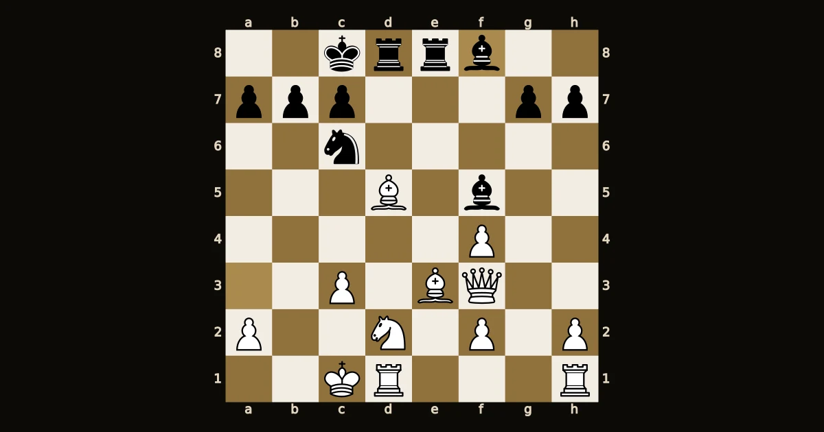 Posição depois de 15.bxc3, com o rei branco em c1 e os dois bispos pretos prontos.