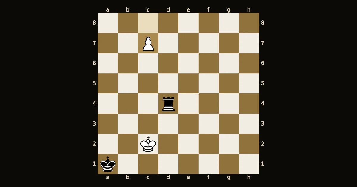 Final de rei e peão contra rei e torre, com o rei branco em c2, o peão em c7 e a torre preta em d4.