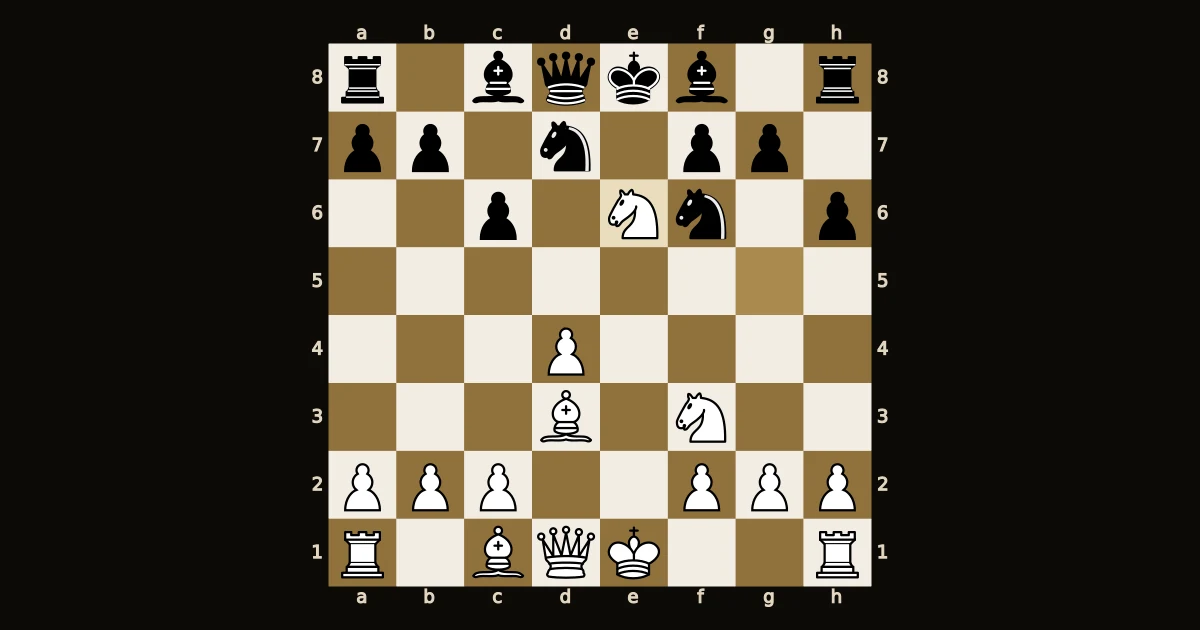 Posição da sexta partida entre Kasparov e o Deep Blue, Nova York 1997, logo após o cavalo branco capturar em e6 com o rei preto ainda no centro.