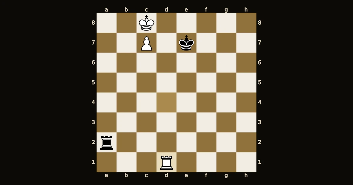 Posição de Lucena com o rei branco em c8, o peão em c7 e a torre branca em d1, no instante anterior ao lance que monta a ponte.