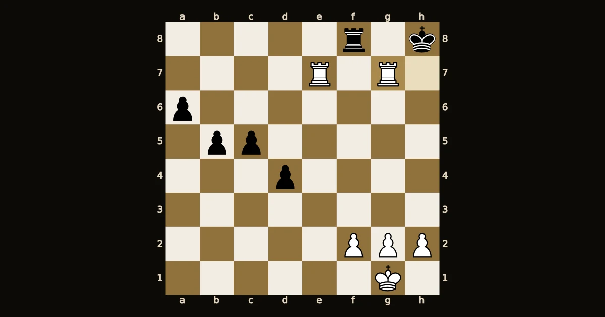 Torres brancas dobradas em e7 e g7, rei preto em h8 com torre em f8 e peões pretos em a6, b5, c5 e d4.