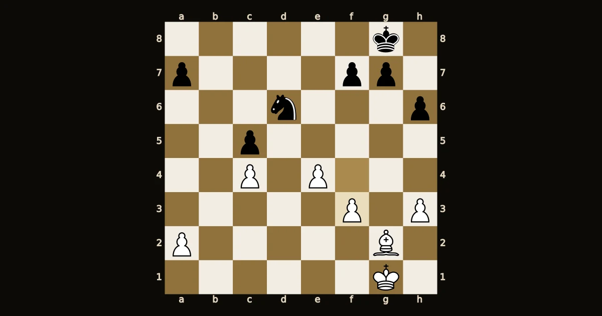 Bispo branco em g2 atrás dos peões de f3 e e4, cavalo preto em d6 no centro.