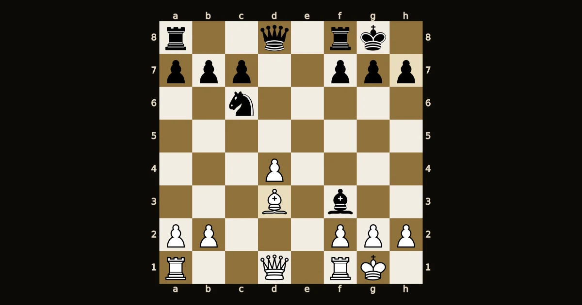 Bispo preto em f3 após capturar o cavalo, bispo branco de d3 mirando h7.