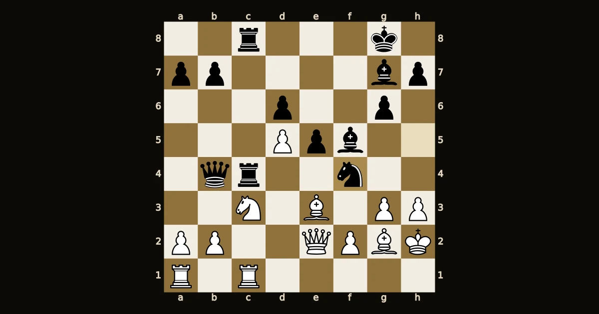 Diagrama: cavalo preto em f4 diante do roque branco, lance 21.