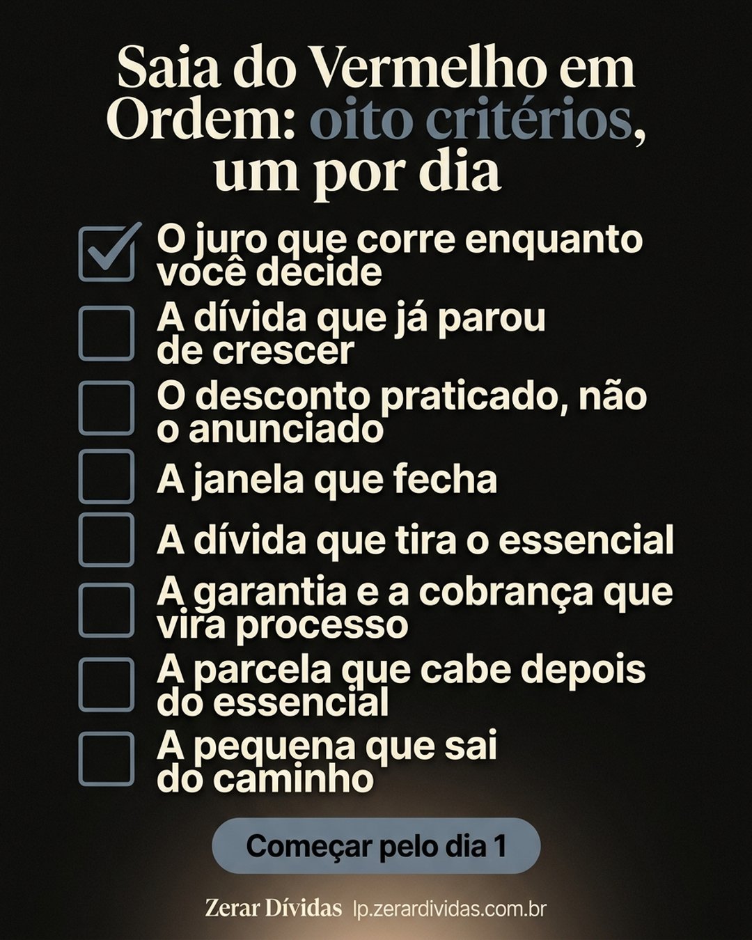 Saia do Vermelho em Ordem: oito critérios, um por dia: O juro que corre enquanto você decide, A dívida que já parou de crescer, O desconto praticado, não o anunciado, A janela que fecha, A dívida que tira o essencial, A garantia e a cobrança que vira processo, A parcela que cabe depois do essencial, A pequena que sai do caminho. Começar pelo dia 1.