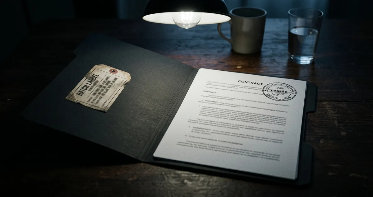 Uma pasta de arquivo aberta sobre a mesa, com etiqueta de lote na aba e um carimbo de cessão na primeira página do contrato.