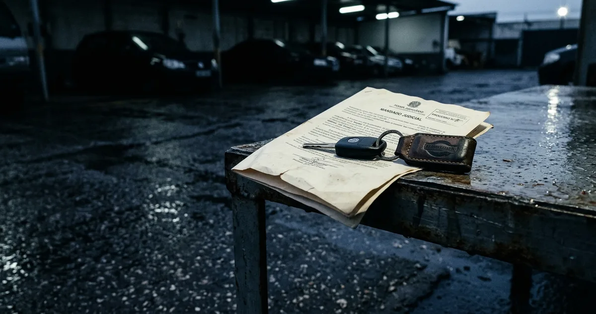Uma chave de carro apoiada sobre um mandado judicial dobrado, na beirada de uma bancada de metal do pátio de apreensão.