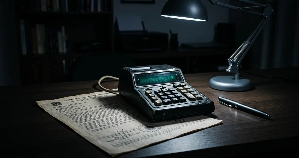Um demonstrativo de débito inscrito em dívida ativa aberto sobre a mesa, com uma calculadora apoiada sobre o papel e uma caneta ao lado.