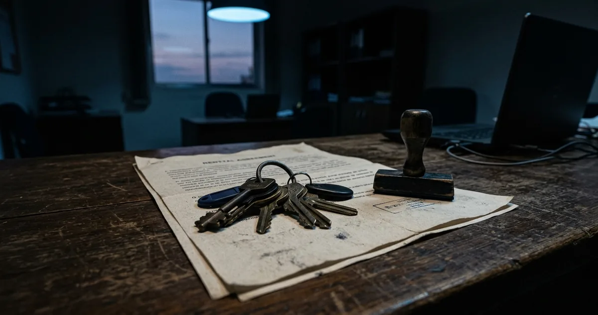 Um molho de chaves de apartamento parado sobre um contrato de locação dobrado, ao lado de um carimbo de borracha.