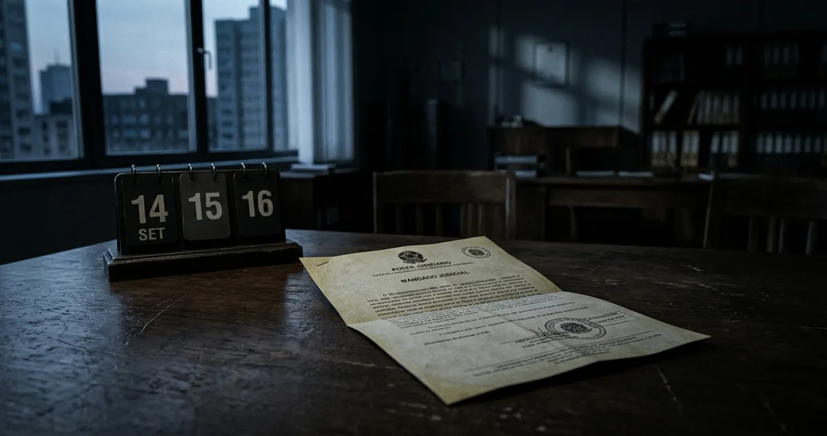 Um mandado judicial dobrado sobre uma mesa escura, ao lado de um calendário de mesa aberto.