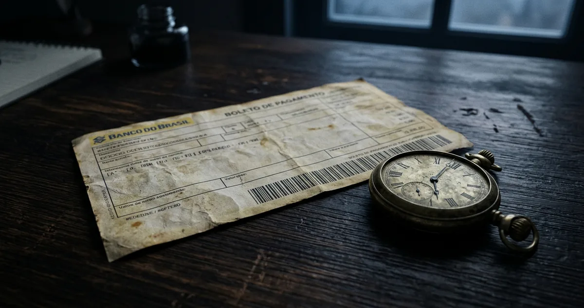 Um boleto antigo amarelado sobre uma mesa escura, ao lado de um relógio de bolso parado.