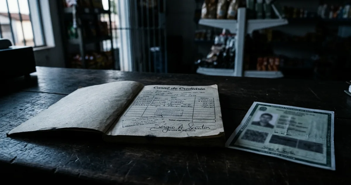 Um carnê de crediário sobre o balcão escuro de uma loja, ao lado de uma cópia de documento.