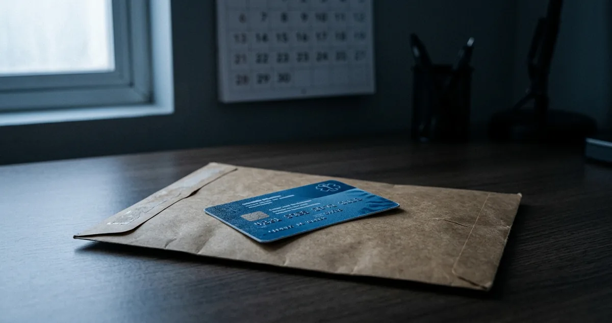 Uma carteirinha de plano de saúde apoiada sobre um envelope pardo lacrado.
