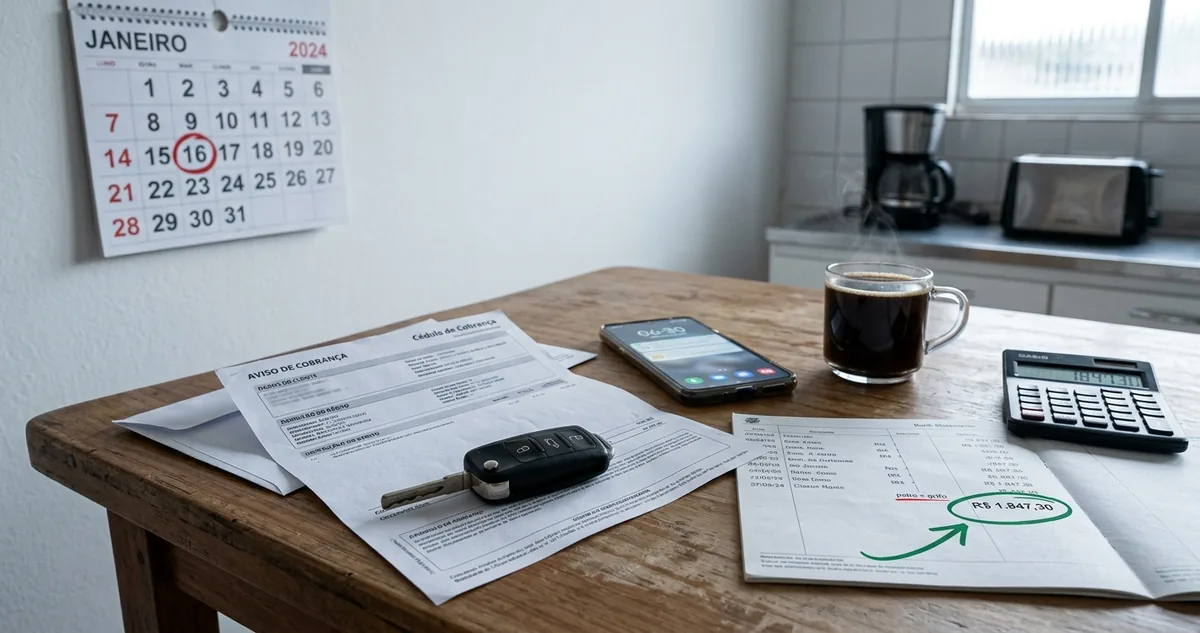 Uma chave de carro sobre um documento de cobrança, diante do portão de um pátio.