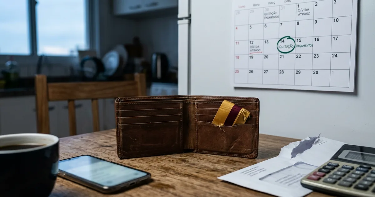 Um diploma enrolado ao lado de um boleto dobrado sobre uma mesa de estudo.