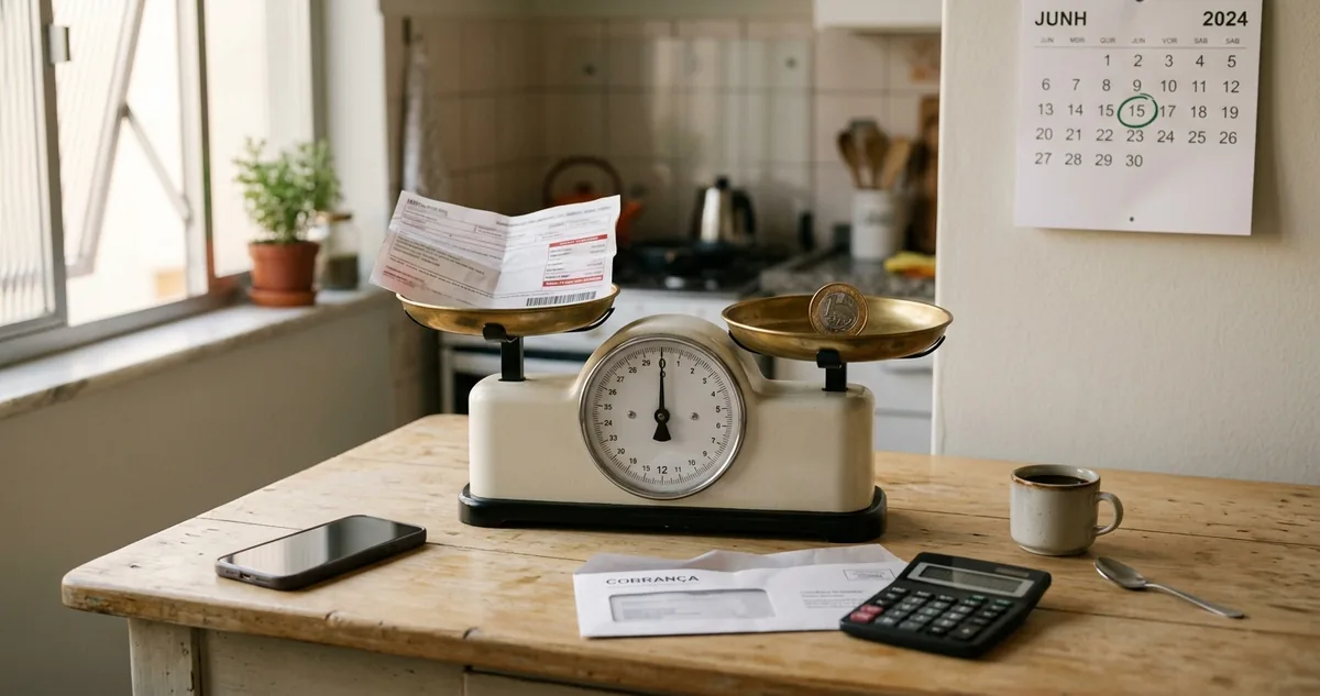 Boleto impresso dobrado ao lado de um celular numa mesa de cozinha.
