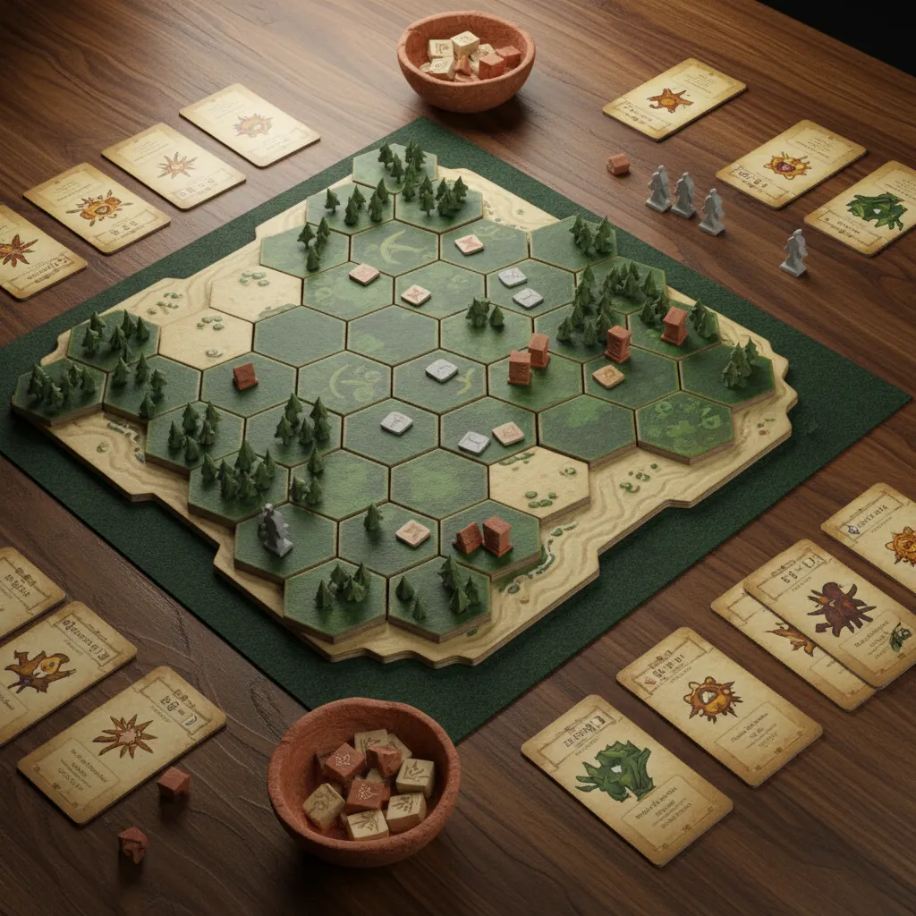 Jogo cooperativo montado sobre mesa de madeira, com tabuleiro de ilha, cartas de poder ao lado e peças de madeira posicionadas, atmosfera de partida em equipe