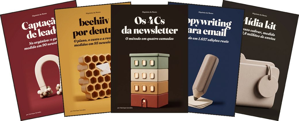 Capas de cinco dos 15 guias da newsletter: Os 4Cs, beehiiv, Captação de leads, Copywriting para email e Mídia kit.