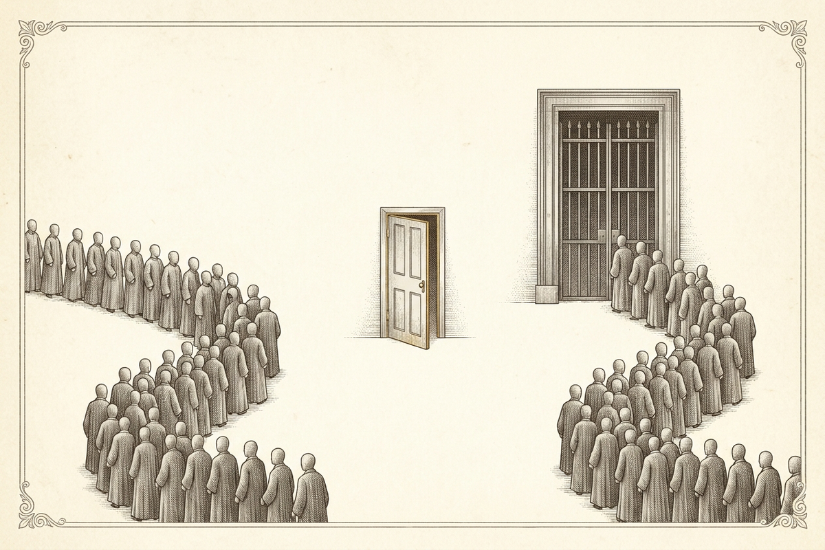 Uma fila enorme diante de uma porta principal trancada e uma porta dos fundos discreta e aberta ao lado